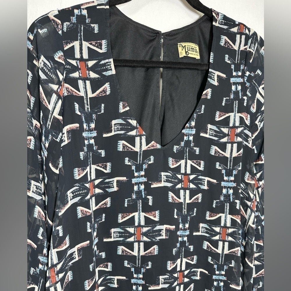 Show Me Your Mumu Black Geometric Tribal Print V-Neck‎ Long Sleeve Mini Dress M - Picture 3 of 9